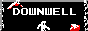 A black red and white button showing a monochrome rock-face at both ends, a bat in the top-left, some sort of gem in the bottom-right, and the character Welltaro in the middle-bottom. Above him and over the bat is the logo for the game:'Downwell'.