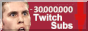 A red button with Jerma985's face near the left looking shocked. To the right is a red arrow pointing down, and in the middle white text reading: -30.000.000 Twitch Subs. How will he ever recover from this?