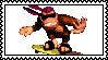 An animated stamp of Funkey kong from Donkey Kong Country 3 surfing on his surfboard.