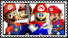 A stamp depicting four versions of mario. From left to right: Mario from mario64 smoking a blunt, Mario from Super Smash Brothers Brawl, Mario's low-detail model from mario 64, and Gangster Mario.