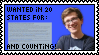 A stamp of scott wozniak, with to the left the text: 'Wanted in 20 states for:' followed by what looks like a wikipedia article of various crimes, followed by the text 'And counting!'.