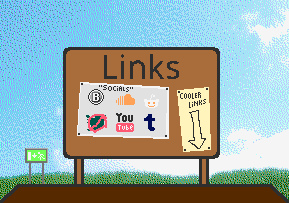 A billboard with some social media logos, and a long piece of paper to the left reading 'COOLER LINKS', with an arrow pointing downward.